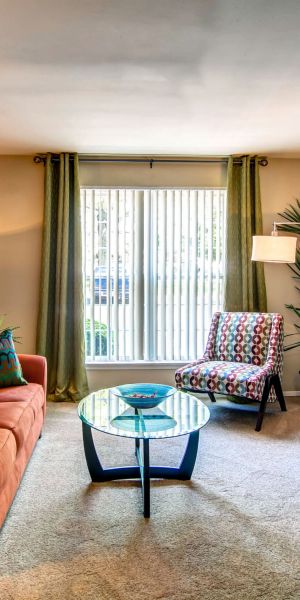 Rockwood Apartments Colorful living room with an orange sofa, patterned chair, TV, glass table, and large window with curtains.