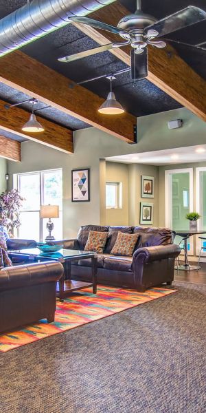 Rockwood Apartments Modern lounge with leather sofas, colorful rug, exposed beams, and dining area under ceiling fans and ductwork.